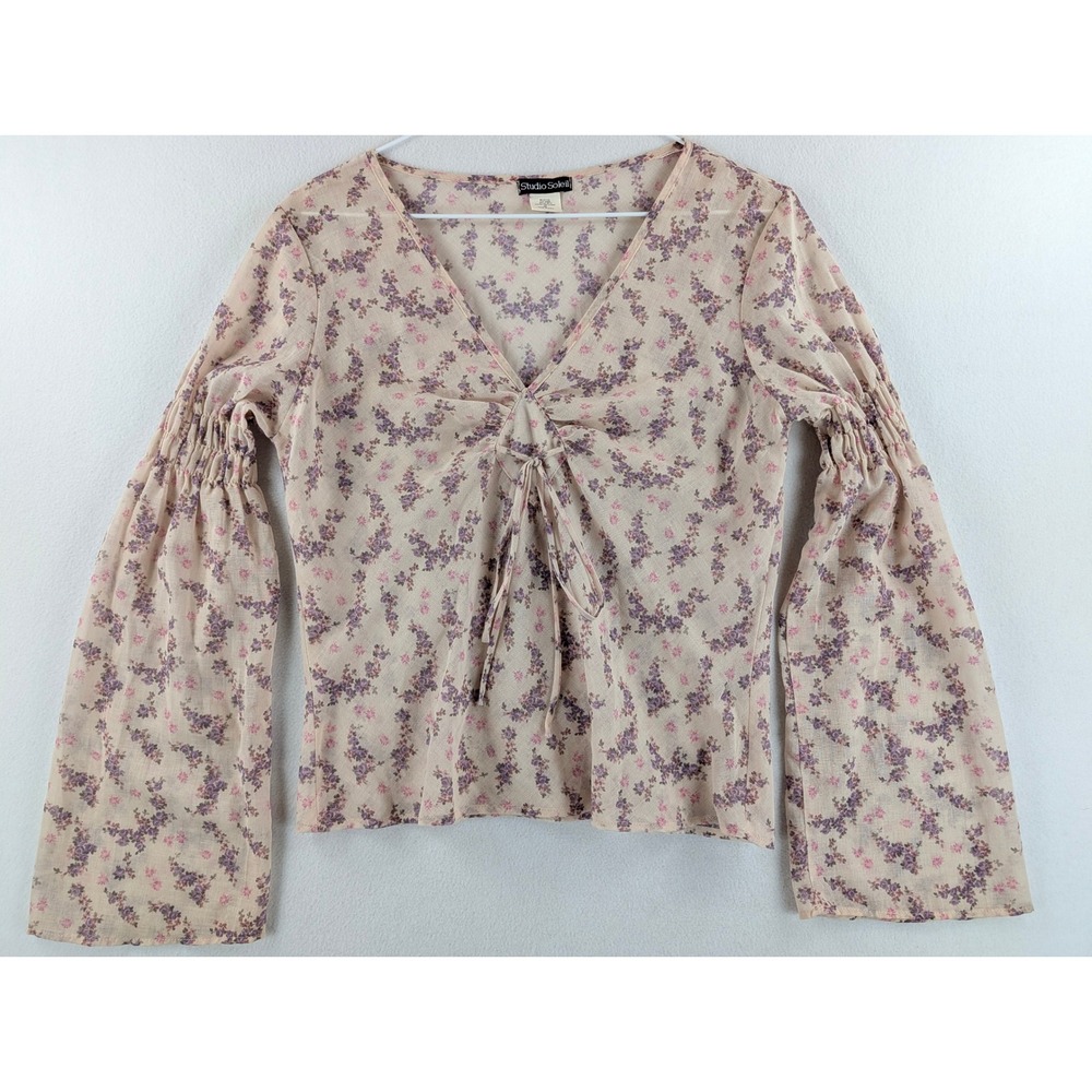 Vintage Studio Soleil Y2K Floral Bell Sleeve Tie Front Top M Cottagecore USA